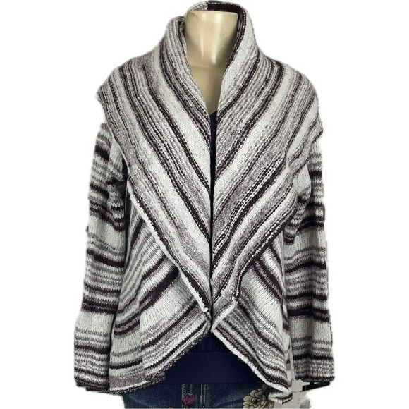 Style& Co. L Cream-Rhone Striped Open Front Shawl Collar Long Sleeve Sweater - Picture 2 of 6